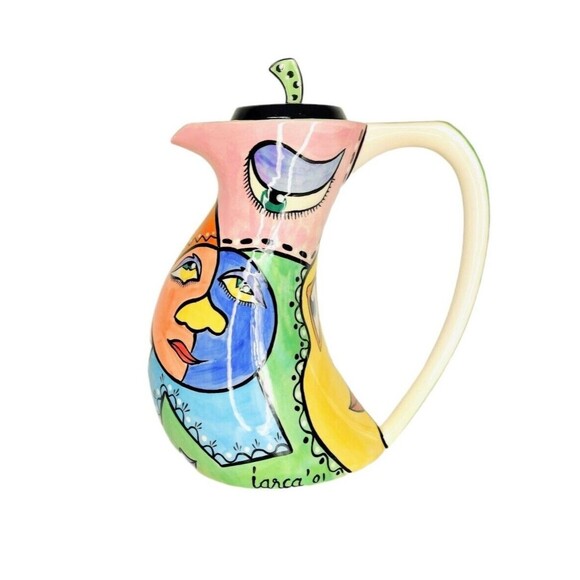 Vintage Larca Gallery Fine Art Hand Painted Abstract Faces Coffee Teapot Signed - Picture 7 of 14